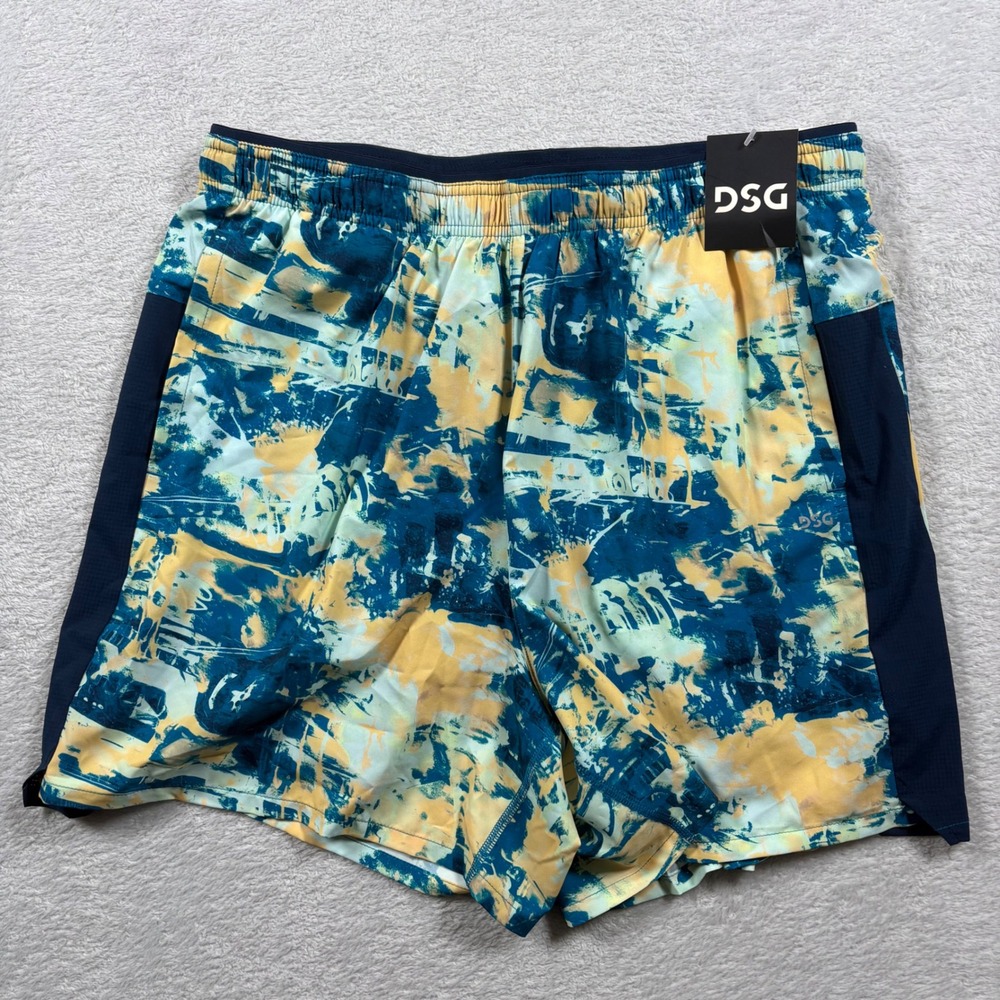 DSG‎ Mens 5 Inch 2-In-1 Stride Short Blue Yellow Abstract Print L NWT
